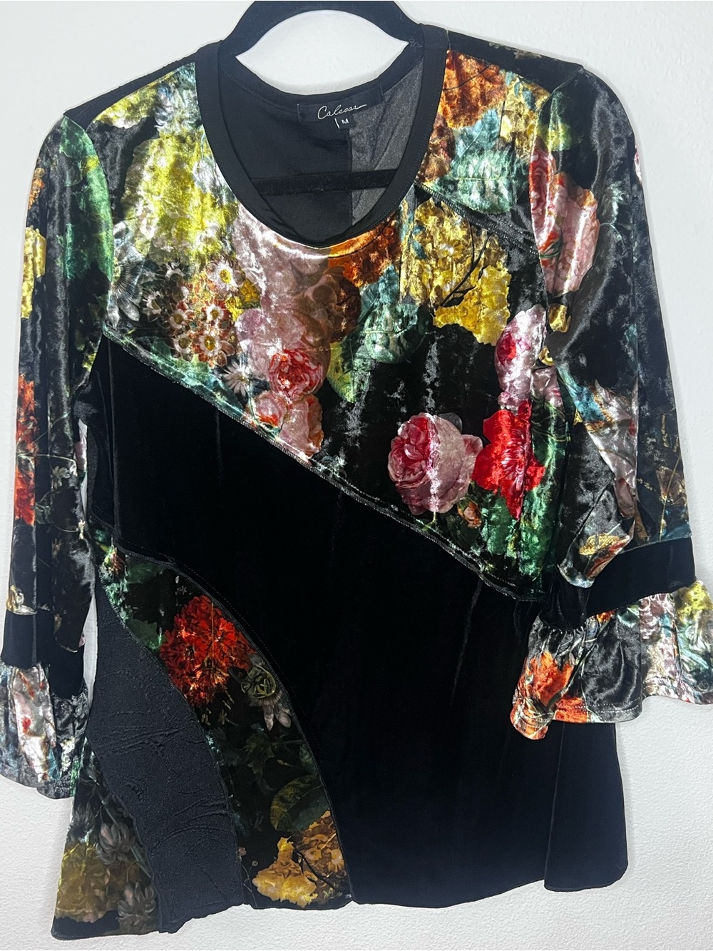 CALE Black Velvet Long Sleeve Floral Panel Dress